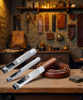 Pro Grade Leather Punch Set With Steel Hollow Punches, Three Piece Grommet Hole Punch Kit displayed on a workshop table