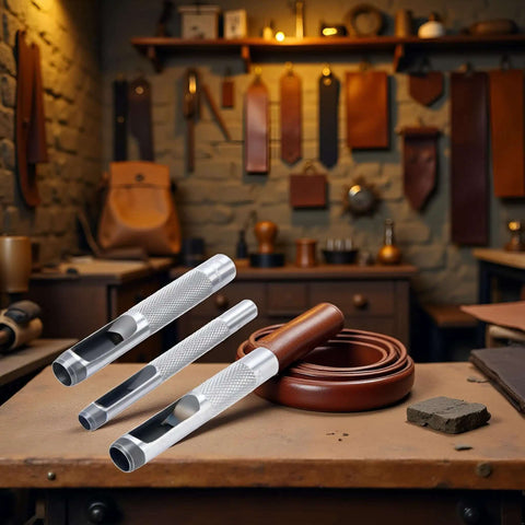 Pro Grade Leather Punch Set With Steel Hollow Punches, Three Piece Grommet Hole Punch Kit displayed on a workshop table