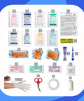 Campus Ready First Aid Kit For Dorms, School And Sports, Compact Grab And Go Medical Set With Bandages, OTC Meds, Gauze, 175-Piece Red Health Essentials Kit displayed with various contents including bandages, medications, and medical tools.