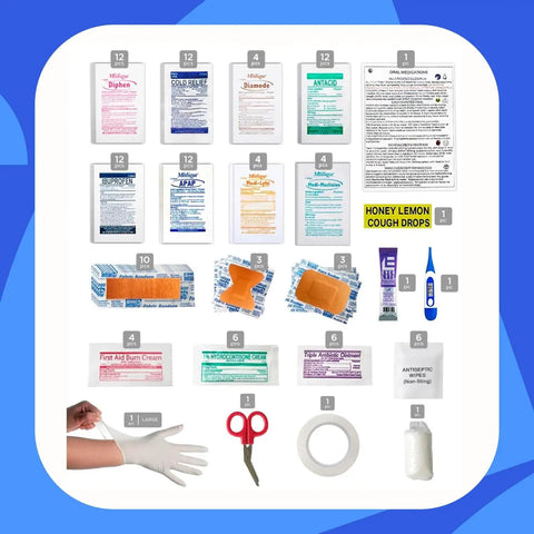 Campus Ready First Aid Kit For Dorms, School And Sports, Compact Grab And Go Medical Set With Bandages, OTC Meds, Gauze, 175-Piece Red Health Essentials Kit displayed with various contents including bandages, medications, and medical tools.