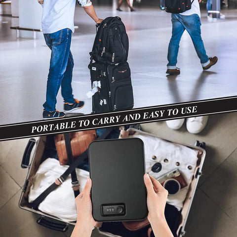Portable Pistol Safe With Combination Lock For Nightstand Travel Home Car Truck, grab-and-go lock box shown in suitcase and in hand