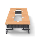 Front view of 12 Person Beech Folding Classroom Tables Set With Power Bar And USB Outlet, Modesty Panel, Shelf And Nesting Storage.
