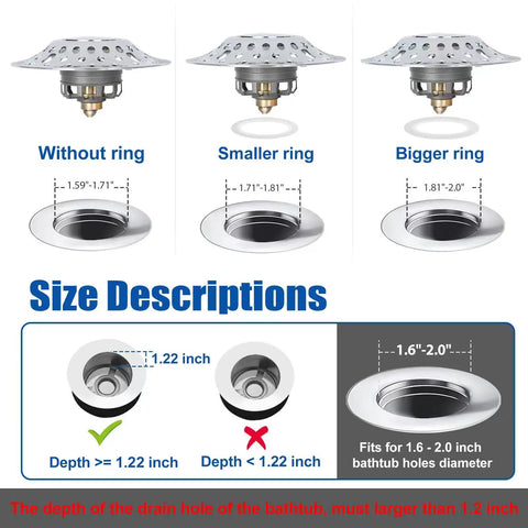 Diagram showing Universal Bathtub Stopper and Hair Catcher Kit for USA Standard Drains 1.6-2.0 Inch Hole fitting sizes and dimensions