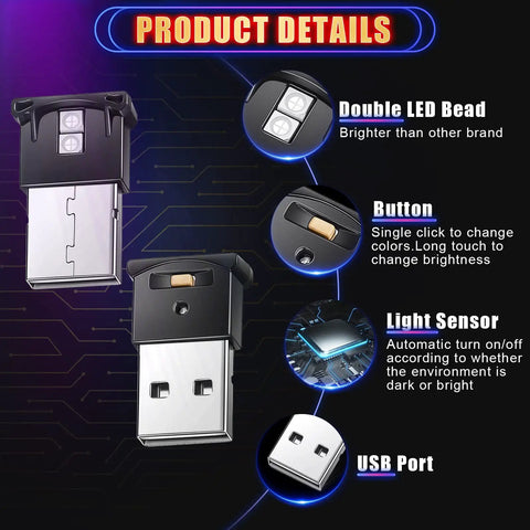 2 Pack Mini USB LED Lights For Car Laptop And Office Lit Ambient Mood Lighting With 8 Color Options 5V USB Powered Adjustable Brightness Auto On Off Sensor Portable Night Lamp details.