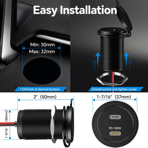 Beast Mode 120W Dual Port Car Charger With 100W PD3.0 Type C Fast Charging Socket and installation guide on mounting.