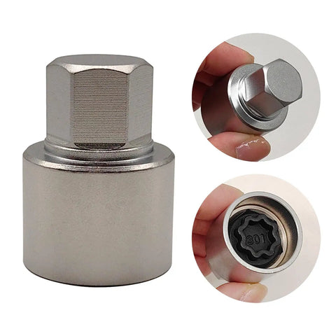301 Wheel Locking Nut Key For Mercedes Benz Lug Nut Removal Tool Easy Fit Pro Grade Steel Socket, three views in hand