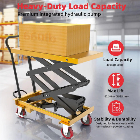 Rock Solid 660 Lb Hydraulic Lift Table Cart With Integrated Pump, loaded with a wooden box on smooth scissor elevation.