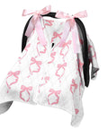 Pink Bow 2-In-1 Muslin Baby Car Seat Cover with pink bow print, breathable nursing shield for breastfeeding, windproof canopy.
