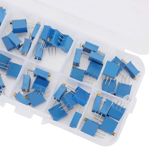 Multiturn Trimmer Potentiometer Kit 50 Piece Assortment With 10 Resistance Values From 100 Ohm To 1 Megaohm In Plastic Storage Case