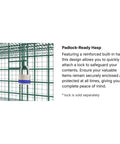 Padlock ready hasp on Rock Solid Commercial Grade Metal Wire Mesh Security Cage Kit With Green Epoxy Coating for added security.