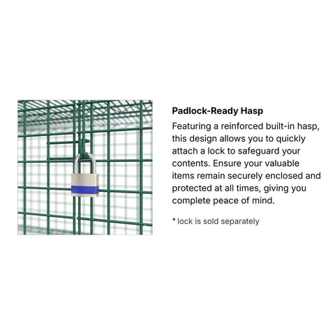 Padlock ready hasp on Rock Solid Commercial Grade Metal Wire Mesh Security Cage Kit With Green Epoxy Coating for added security.