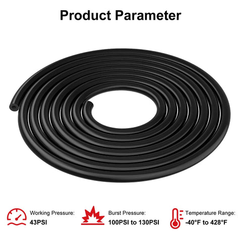 Durable 10-foot black silicone vacuum hose with 1/4 inch inner diameter, FDA food-grade, 43 PSI working rating, automotive use
