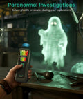 Handheld EMF Meter For Ghost Hunting And Home Use With 5 Level LED Alerts Detects EMF From Home Appliances WiFi Routers Power Lines And Industrial Machines 30Hz To 20kHz Range 0 To 20 mG Plus Or Minus 5 Percent Accuracy Compact Pocket Size held before glowing ghost figure