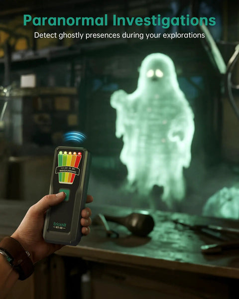 Handheld EMF Meter For Ghost Hunting And Home Use With 5 Level LED Alerts Detects EMF From Home Appliances WiFi Routers Power Lines And Industrial Machines 30Hz To 20kHz Range 0 To 20 mG Plus Or Minus 5 Percent Accuracy Compact Pocket Size held before glowing ghost figure