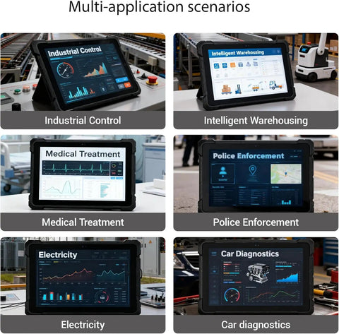 Killer Performance 10.1 Inch Rugged Tablet Built Like A Tank For Rough Jobsites Featuring Intel Celeron J4105 Chipset Windows 11 Pro 8GB Ram 128 GB Waterproof Design in various fields.
