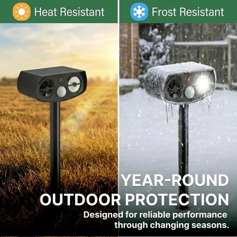 Solar Ultrasonic Animal Repeller Outdoor With Motion Sensor PIR Auto Deterrent For Yard And Garden LED Flashing Light Weatherproof 2 Pack Keeps Pests And Critters At Bay No Fuss Hands Free, heat and frost resistant outdoor stake