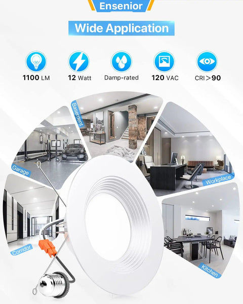 Image showcasing wide application of Five To Six Inch LED Recessed Can Lights Four Pack With Solid Metal Baffle Trim Dimmable Damp Rated 12W