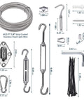 All In One Shade Sail Hardware Kit With 65.5 Ft 1 Eighth Inch Wire Rope For Triangle And Rectangle Sun Shade Sails Outdoor Install Includes Turnbuckles Cables Eyelets Hooks Clamps Sleeves Anchors 123 Pieces, showing various components and dimensions.