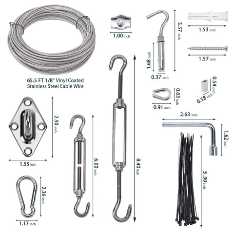 All In One Shade Sail Hardware Kit With 65.5 Ft 1 Eighth Inch Wire Rope For Triangle And Rectangle Sun Shade Sails Outdoor Install Includes Turnbuckles Cables Eyelets Hooks Clamps Sleeves Anchors 123 Pieces, showing various components and dimensions.