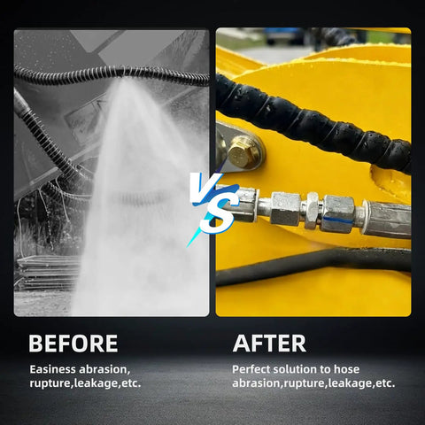 Comparison of hydraulic hose with leakage vs Two Pack M14 to M16 Heavy Duty Hydraulic Quick Connect Adapters for AGT Mini Excavator Hose in use