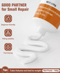 Close-up of 100g tube from Two Pack Wall Patch Repair Kit For Quick Hole And Crack Fix, showing white paste and features list.