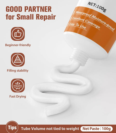 Close-up of 100g tube from Two Pack Wall Patch Repair Kit For Quick Hole And Crack Fix, showing white paste and features list.