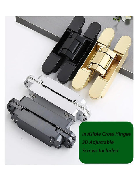 Heavy Duty Adjustable Hidden Cross Hinge Set For Zero Hang Ups 180 Degree Dead Silent Glide On Wooden Secret Rooms and Invisible Folding Doors with Tight Alignment Slick Black Door Hardware, showcasing black, gold, silver finishes.