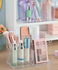 Image of Straight Up The Best Five Compartment Makeup Storage Organizer Set Of Two Clear BPA Free Plastic Vanity Caddy featuring cosmetics.