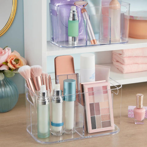 Image of Straight Up The Best Five Compartment Makeup Storage Organizer Set Of Two Clear BPA Free Plastic Vanity Caddy featuring cosmetics.