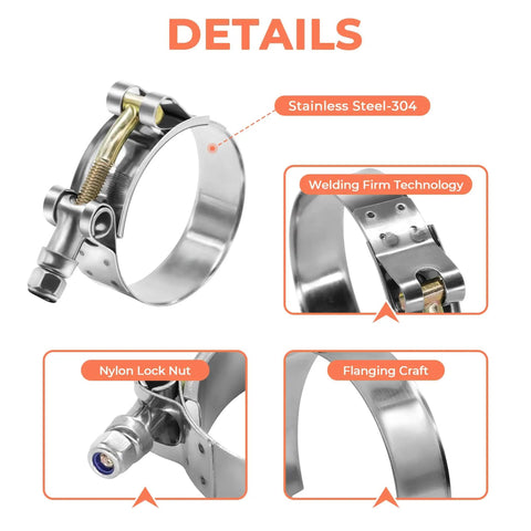 Beefy 14 Piece T Bolt Hose Clamp Set In 304 Stainless Steel highlighting welding and nylon lock with various angles for detail