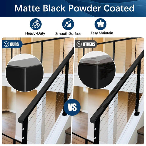 Kickass Black Stainless Steel Handrail For Cable Railing System 6 Foot 6 Inch Length Two Pack Heavy Duty Metal Grip Rail showing smooth matte black finish.