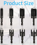 Front view of Rocaris 8-pack wood plug cutter drill bit set with hex shanks in 1/4, 3/8, 1/2, 5/8 in.