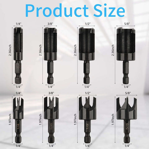 Front view of Rocaris 8-pack wood plug cutter drill bit set with hex shanks in 1/4, 3/8, 1/2, 5/8 in.