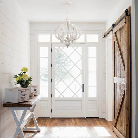 Farmhouse 5 Light French Country Wood Chandelier For Dining Room And Kitchen Island in vintage foyer setting