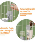 Heavy Duty Gravity Pet Feeder And Automatic Water Dispenser Set That Anchors Firmly To Cage Bars, showcasing automatic food and water setup.