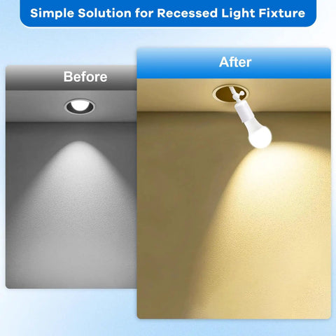 Before and after images of recessed light fixture with Ceramic Heat Resistant E26 E27 Light Socket Extender With 4.5 Inch Extension.
