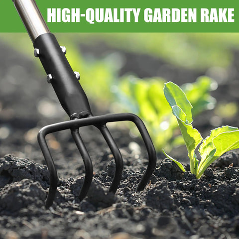 Long Hand Cultivator With Telescopic Handle And Soft Grip For Easy Digging And Loosening And Weeding In The Garden 4 Tooth Carbon Steel And Stainless Steel Tiller Built Tough in garden soil with green plant