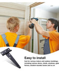 Top Shelf Heavy Duty T Hinge Set Including Six Matte Black Iron Brackets Perfect For Garden Shed Barn Door Cabinet And Gate Install, shown while being installed on a wooden door.