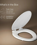 Stonewood Quiet Close Elongated Toilet Seat With Soft Close Lid shown with installation hardware on a white background