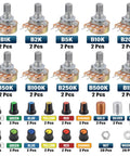 Potentiometer Kit with 1K to 1M Ohm resistances, 15mm shafts, plum caps, and aluminum knobs for DIY electronics and audio projects.