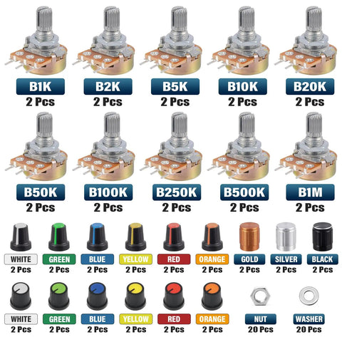 Potentiometer Kit with 1K to 1M Ohm resistances, 15mm shafts, plum caps, and aluminum knobs for DIY electronics and audio projects.