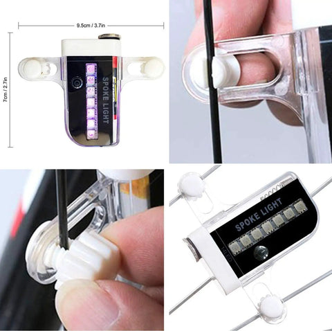 Waterproof LED Spoke Lights For Bikes Two Pack, Ultra Bright RGB Wheel Lights With 30 Changeable Patterns, Eight Color Flash Per LED, Maximum Night Visibility, Fits Most Bicycles, Great Gift For Kids And Adults, Black, close-up of light installation detail.