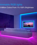 33 Feet LED Strip Lights With App Control And Voice Assistant Compatibility RGB Color Changing Lit Mood Lights For Bedroom Decor Fully Smart Color Spectrum Ambience Works With Alexa And Google Assistant illuminating a modern living room.
