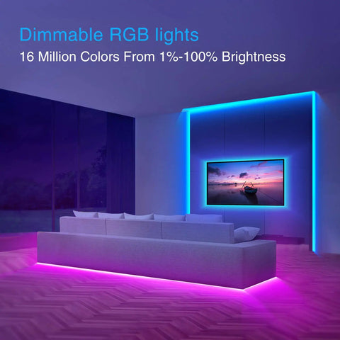 33 Feet LED Strip Lights With App Control And Voice Assistant Compatibility RGB Color Changing Lit Mood Lights For Bedroom Decor Fully Smart Color Spectrum Ambience Works With Alexa And Google Assistant illuminating a modern living room.
