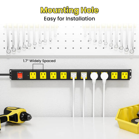 Tough As Nails 10 Outlet Metal Power Strip With 2100J Surge Protection, Heavy Duty 10 Foot Extension Cord, Wide Spaced Outlets And Wall Mount For Garage, Workshop, Job Site, Shop, Or Home Office