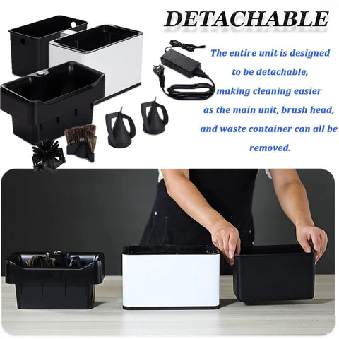 Electric Portafilter Cleaner With Automatic Coffee Ground Knock Box And Dual Brush Heads Providing No Fuss 340 Rotating Cleanups For Smooth Sailing Home Bars And Bustling Cafes In Classic Black detachable parts including black and white containers and brushes