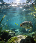 Fish approaching bait with 120 Piece EWG Worm Hook Set For Bass Fishing in clear water, surrounded by rocks and weeds.