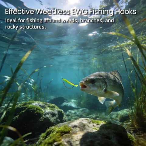Fish approaching bait with 120 Piece EWG Worm Hook Set For Bass Fishing in clear water, surrounded by rocks and weeds.