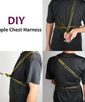 Person demonstrating a DIY simple chest harness using a 18mm nylon climbing sling runner. Harness setup shown from different angles.