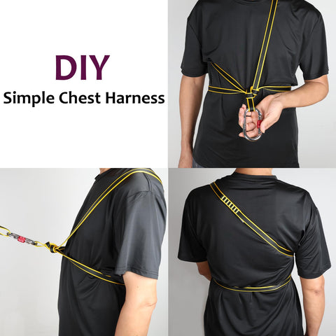 Person demonstrating a DIY simple chest harness using a 18mm nylon climbing sling runner. Harness setup shown from different angles.